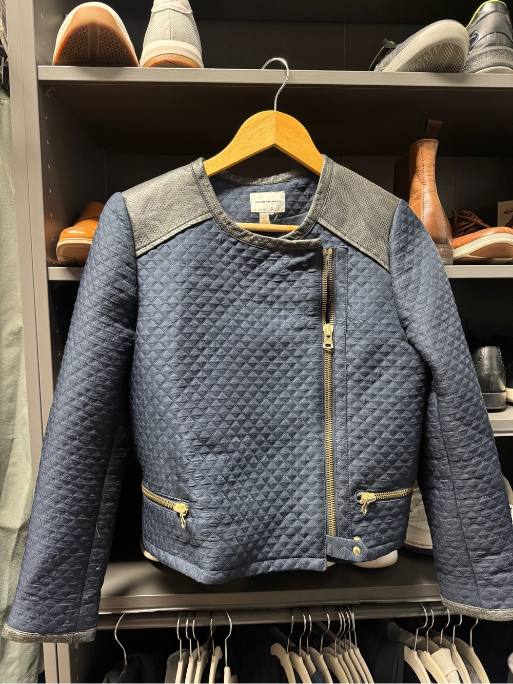 Club Monaco Quilted Navy Leather-Trim Jacket